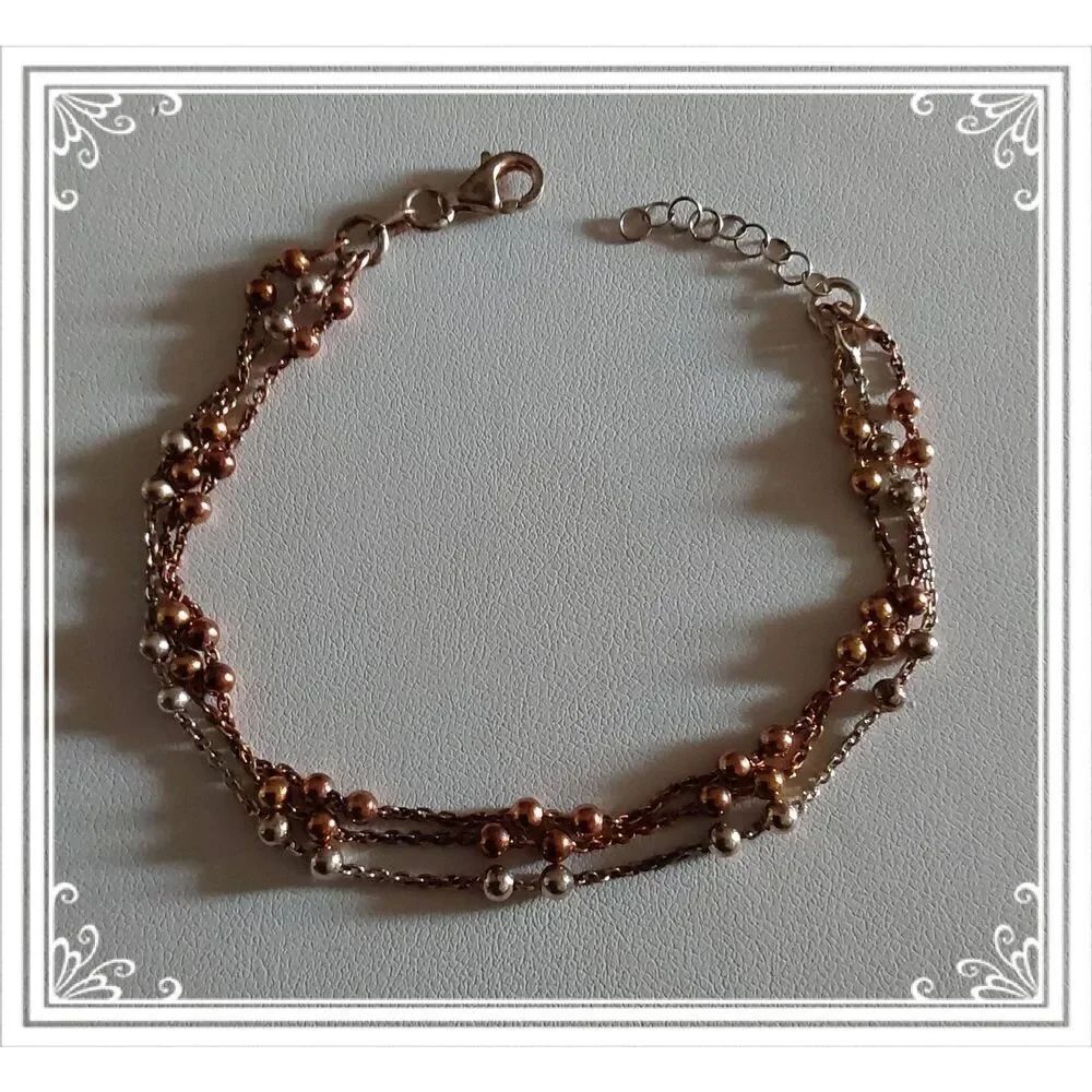 Sterling Silver Tri-Tone Triple Chain Ball Beaded Link Bracelet